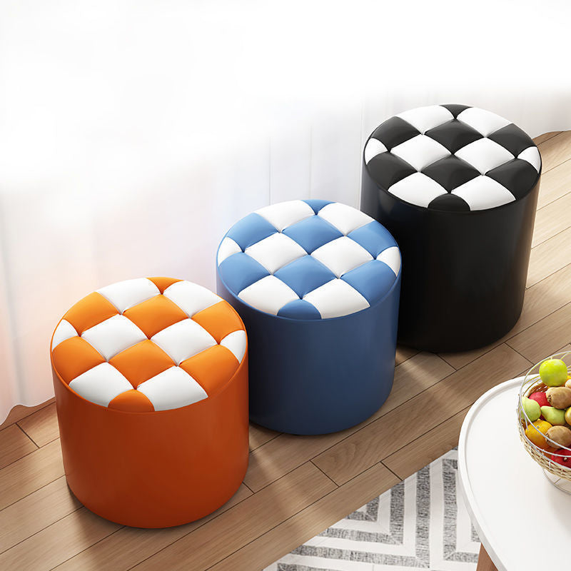 Modern Minimalist Wood & Faux Leather Checkerboard Cylinder Low Stool For Bedroom & Living Room