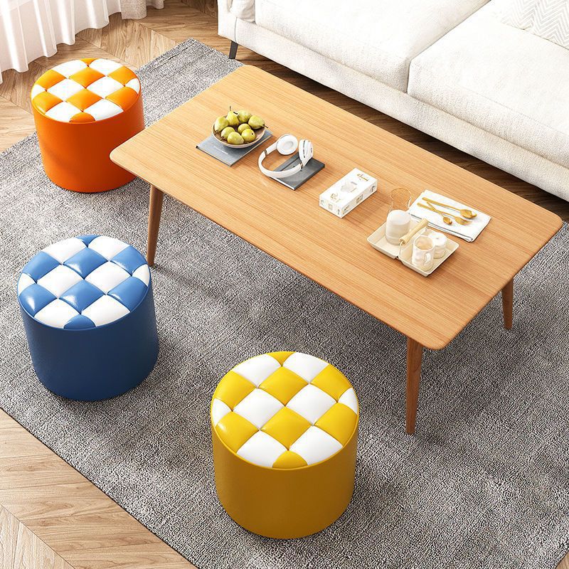Modern Minimalist Wood & Faux Leather Checkerboard Cylinder Low Stool For Bedroom & Living Room