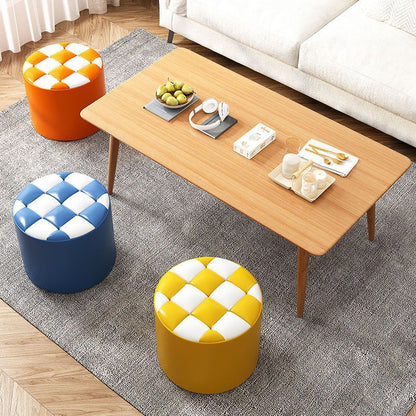 Modern Minimalist Wood & Faux Leather Checkerboard Cylinder Low Stool For Bedroom & Living Room