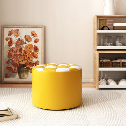 Modern Minimalist Wood & Faux Leather Checkerboard Cylinder Low Stool For Bedroom & Living Room