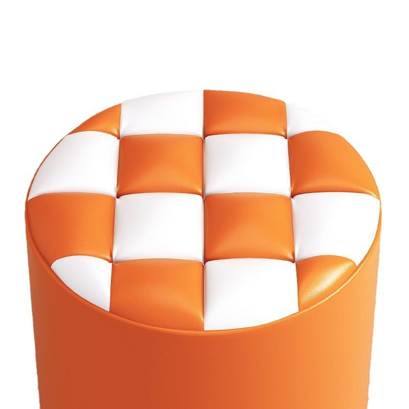 Modern Minimalist Wood & Faux Leather Checkerboard Cylinder Low Stool For Bedroom & Living Room