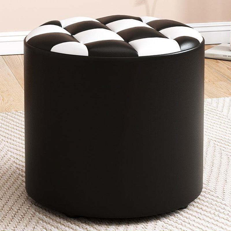 Modern Minimalist Wood & Faux Leather Checkerboard Cylinder Low Stool For Bedroom & Living Room