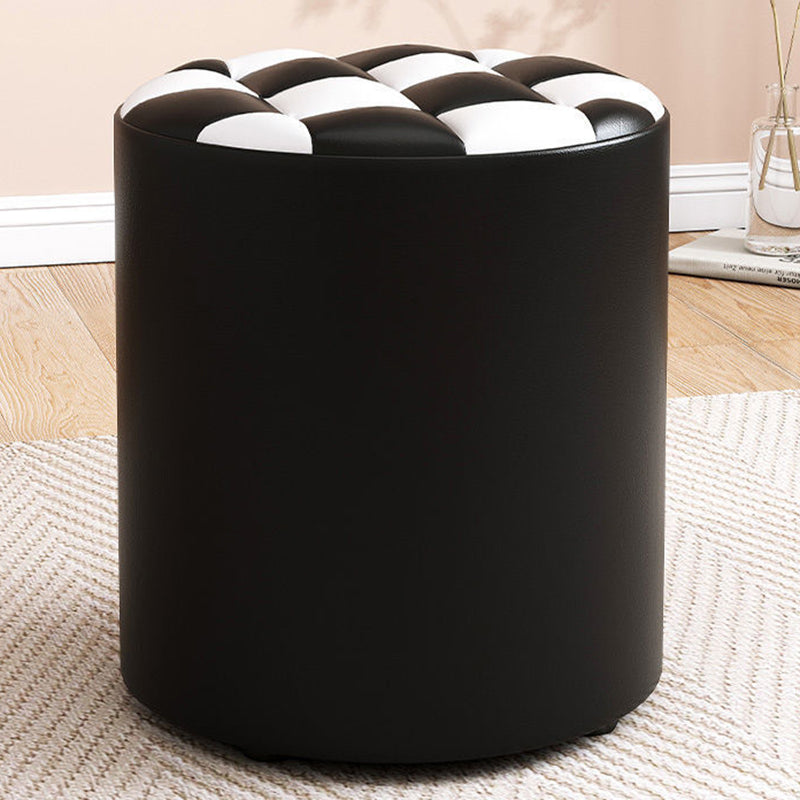 Modern Minimalist Wood & Faux Leather Checkerboard Cylinder Low Stool For Bedroom & Living Room