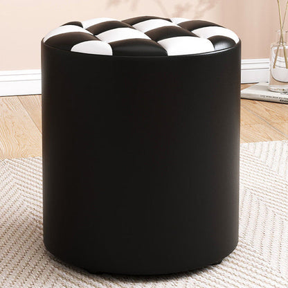 Modern Minimalist Wood & Faux Leather Checkerboard Cylinder Low Stool For Bedroom & Living Room