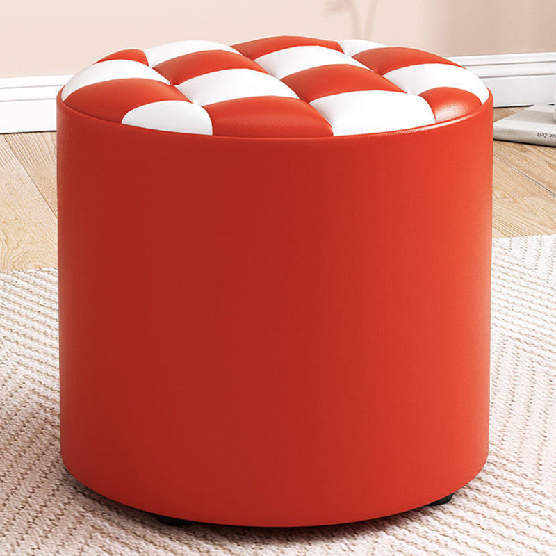 Modern Minimalist Wood & Faux Leather Checkerboard Cylinder Low Stool For Bedroom & Living Room