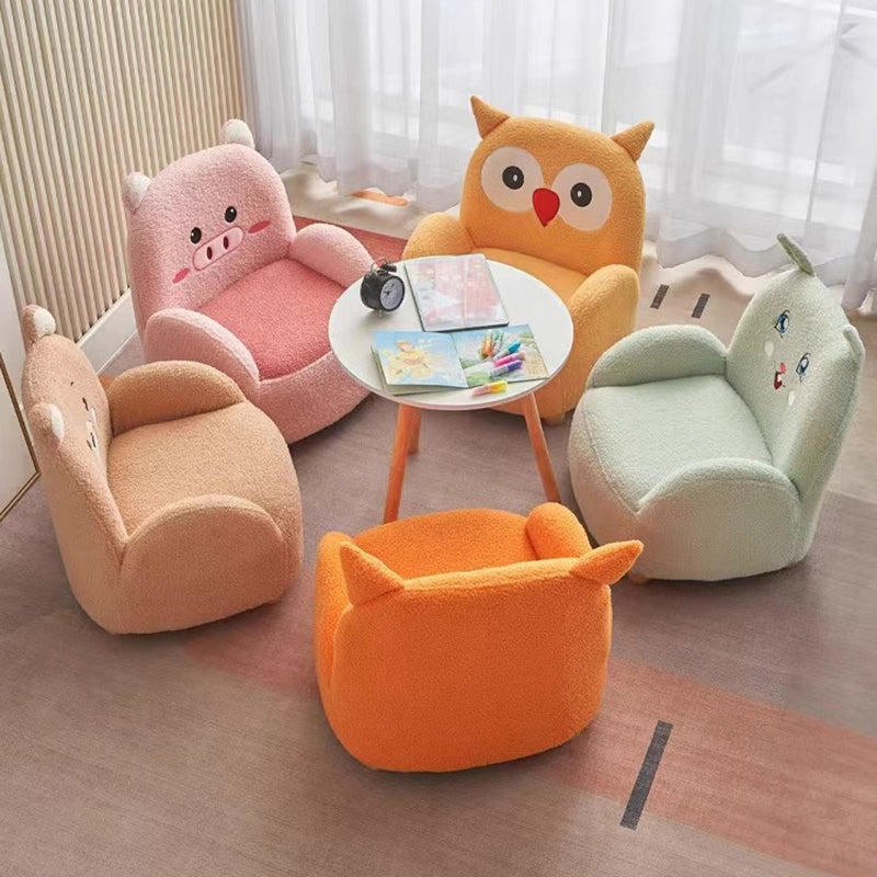 Contemporary Creative Lambswool & Wood Square Sofa Chair For Kids Living Room & Bedroom
