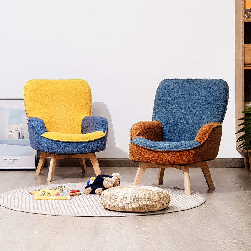 Modern Minimalist Teddy Velvet & Wood Curved Sofa Chair With Foldable Backrest For Kids Bedroom & Living Room