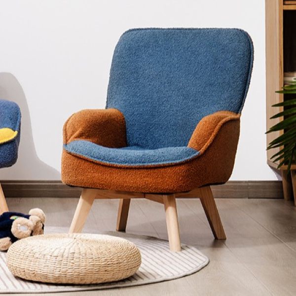 Modern Minimalist Teddy Velvet & Wood Curved Sofa Chair With Foldable Backrest For Kids Bedroom & Living Room