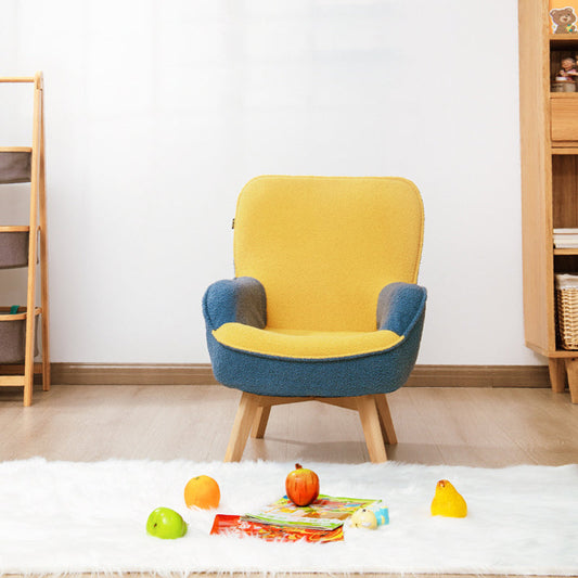 Modern Minimalist Teddy Velvet & Wood Curved Sofa Chair With Foldable Backrest For Kids Bedroom & Living Room