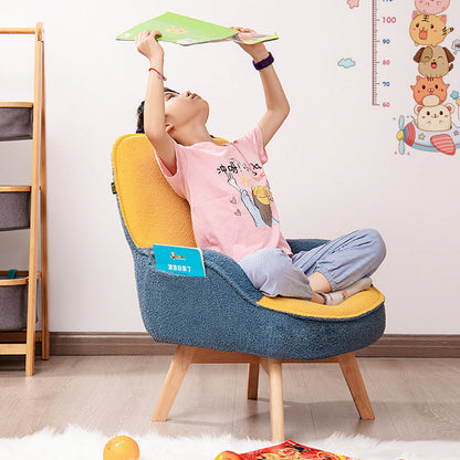 Modern Minimalist Teddy Velvet & Wood Curved Sofa Chair With Foldable Backrest For Kids Bedroom & Living Room