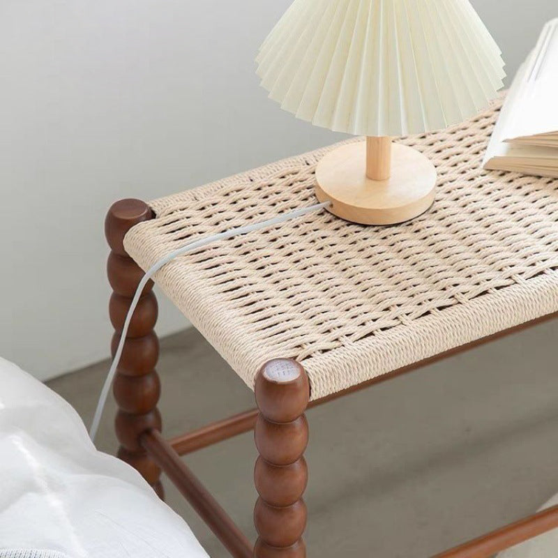 Traditional Vintage Rope Wood Rectangular Low Stool For Bedroom And Living Room