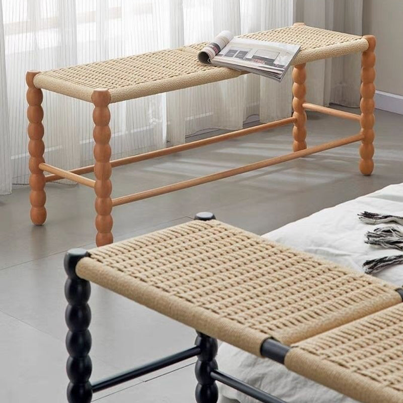 Traditional Vintage Rope Wood Rectangular Low Stool For Bedroom And Living Room