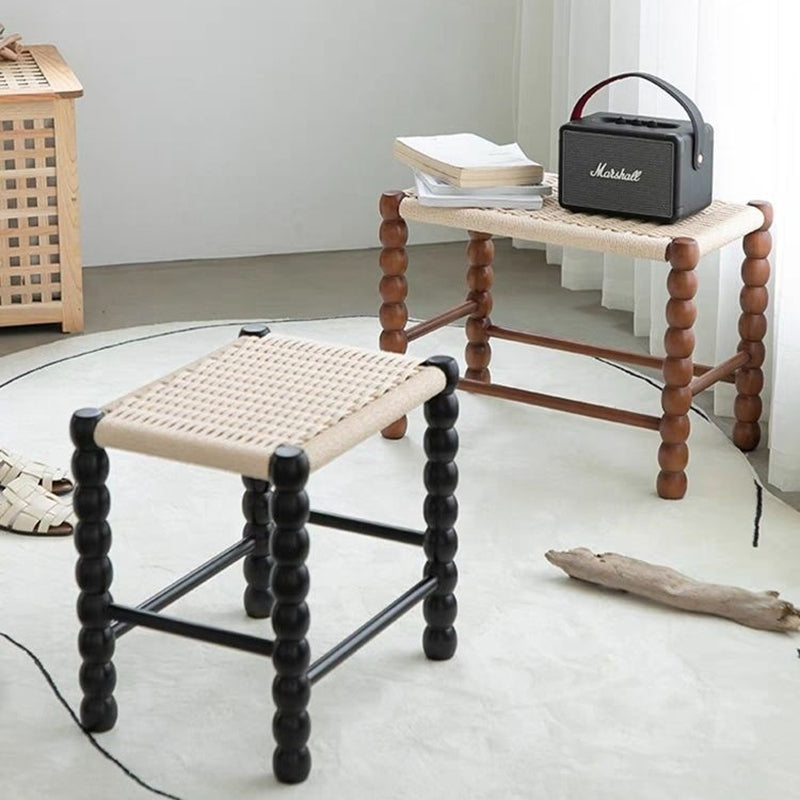 Traditional Vintage Rope Wood Rectangular Low Stool For Bedroom And Living Room