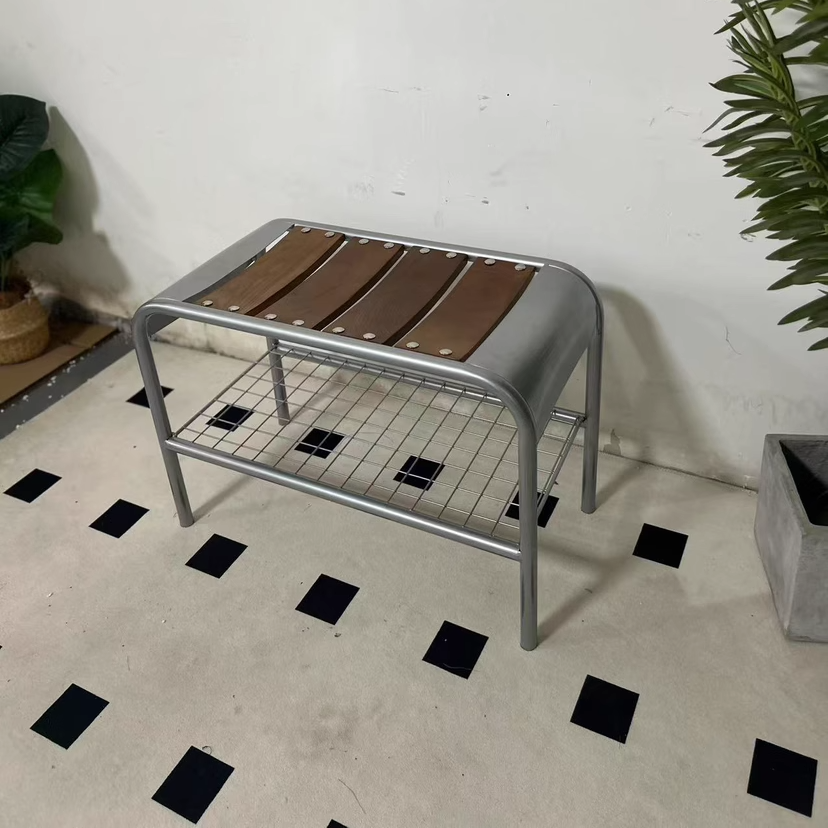 Modern Mid-Century Carbon Steel & Wood Rectangular Bench For Entryway, Bedroom, And Living Room
