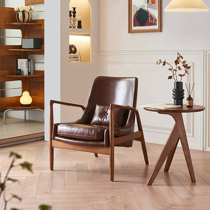 Contemporary Nordic Leather, Fabric & Wood Curved Accent Chair For Bedroom & Living Room