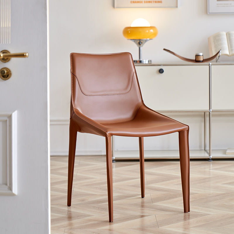 Modern Minimalist Saddle Leather & Carbon Steel Curved Square Dining Chair For Dining Room & Living Room