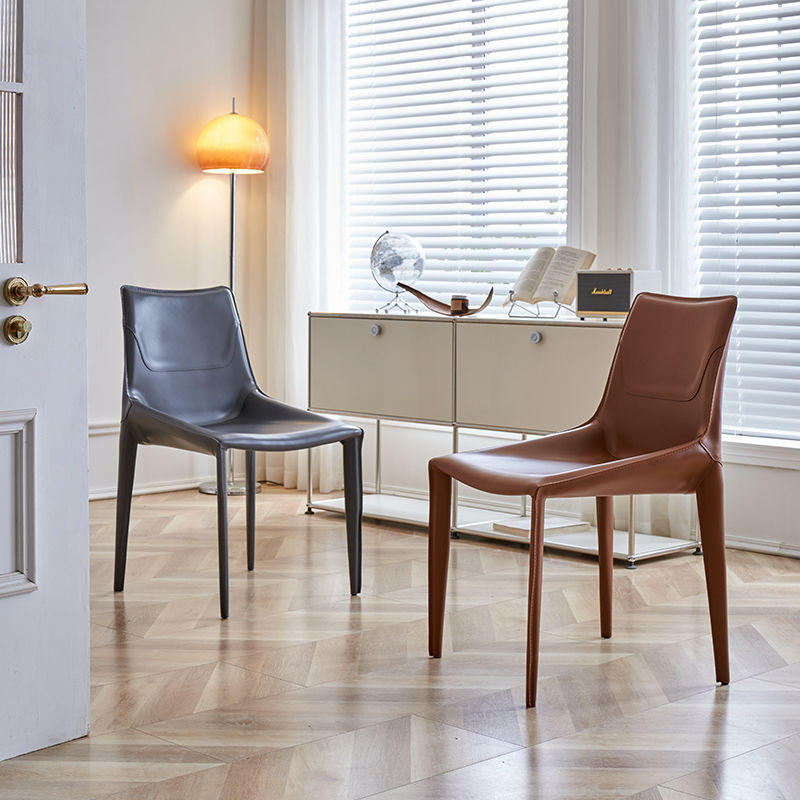 Modern Minimalist Saddle Leather & Carbon Steel Curved Square Dining Chair For Dining Room & Living Room