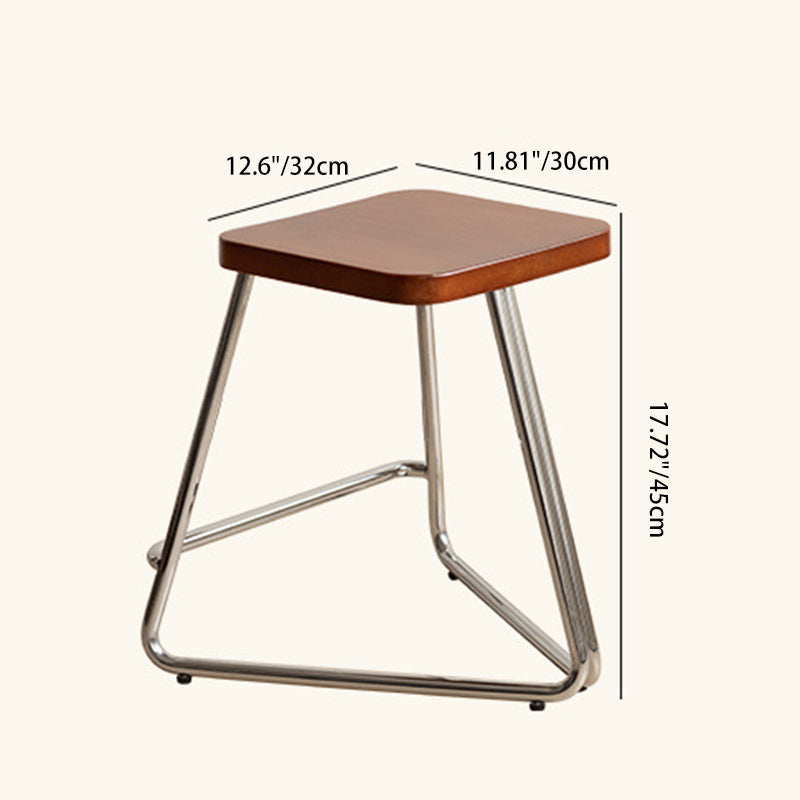 Contemporary Nordic Wood & Stainless Steel Rectangular Seat Low Stool With Triangular Base For Bedroom, Living Room, Dining Room