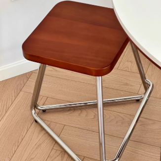 Contemporary Nordic Wood & Stainless Steel Rectangular Seat Low Stool With Triangular Base For Bedroom, Living Room, Dining Room