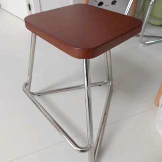 Contemporary Nordic Wood & Stainless Steel Rectangular Seat Low Stool With Triangular Base For Bedroom, Living Room, Dining Room