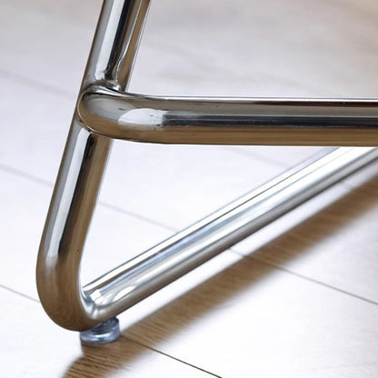 Contemporary Nordic Wood & Stainless Steel Rectangular Seat Low Stool With Triangular Base For Bedroom, Living Room, Dining Room