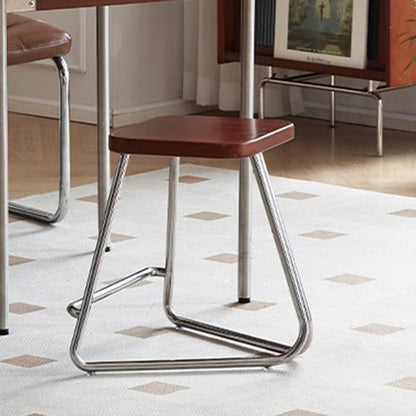 Contemporary Nordic Wood & Stainless Steel Rectangular Seat Low Stool With Triangular Base For Bedroom, Living Room, Dining Room