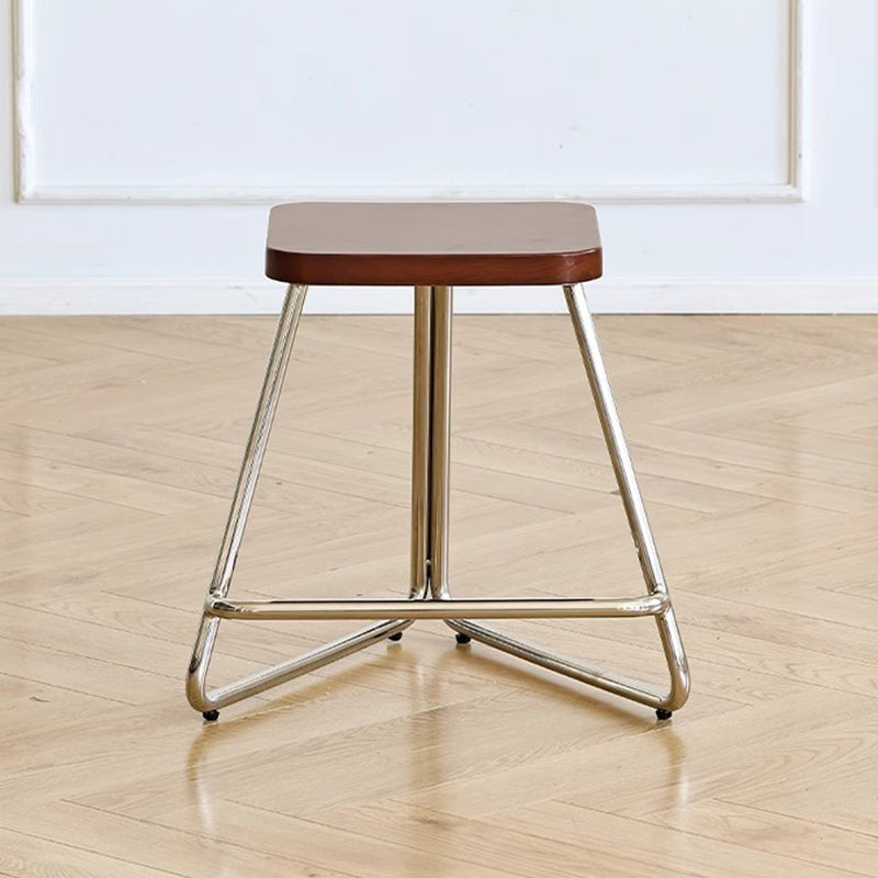Contemporary Nordic Wood & Stainless Steel Rectangular Seat Low Stool With Triangular Base For Bedroom, Living Room, Dining Room
