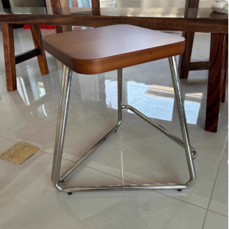 Contemporary Nordic Wood & Stainless Steel Rectangular Seat Low Stool With Triangular Base For Bedroom, Living Room, Dining Room