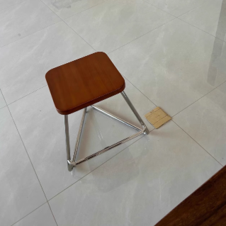 Contemporary Nordic Wood & Stainless Steel Rectangular Seat Low Stool With Triangular Base For Bedroom, Living Room, Dining Room