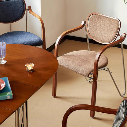 Traditional Vintage Iron Wood & Fabric Curved Dining Chair For Bedroom, Living Room And Dining Room