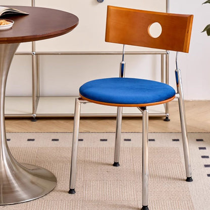 Traditional Vintage Velvet Wood & Stainless Steel Curved Round Dining Chair For Bedroom, Living Room And Kitchen