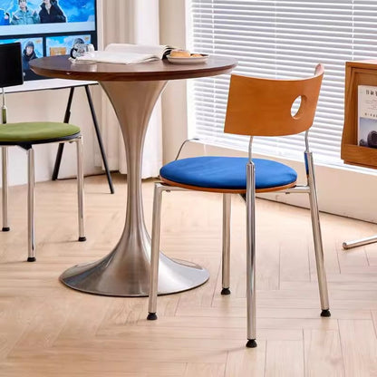 Traditional Vintage Velvet Wood & Stainless Steel Curved Round Dining Chair For Bedroom, Living Room And Kitchen