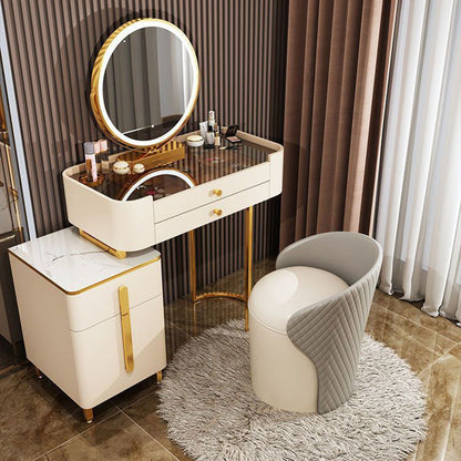Modern Minimalist  PU Leather & Wood Curved Cylinder Vanity Stool With Backrest For Bedroom & Living Room