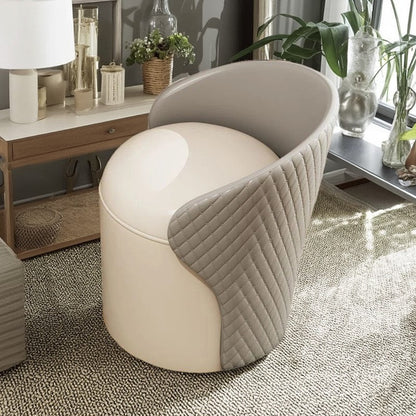 Modern Minimalist  PU Leather & Wood Curved Cylinder Vanity Stool With Backrest For Bedroom & Living Room