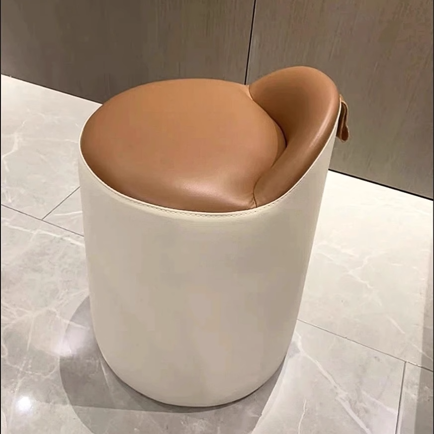Modern Minimalist Faux Leather & Wood Cylindrical Vanity Stool For Bedroom & Living Room