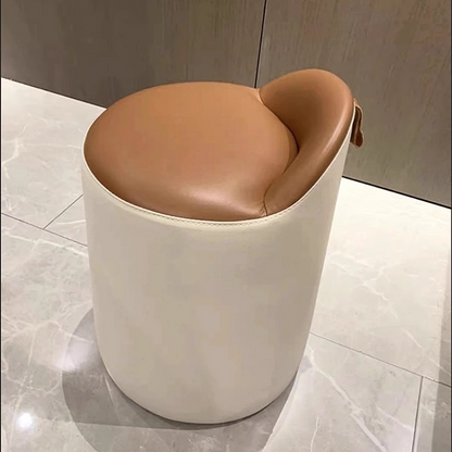 Modern Minimalist Faux Leather & Wood Cylindrical Vanity Stool For Bedroom & Living Room
