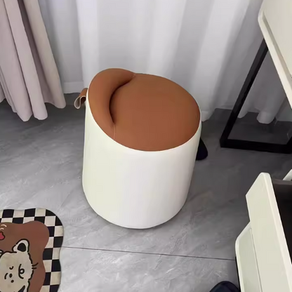 Modern Minimalist Faux Leather & Wood Cylindrical Vanity Stool For Bedroom & Living Room