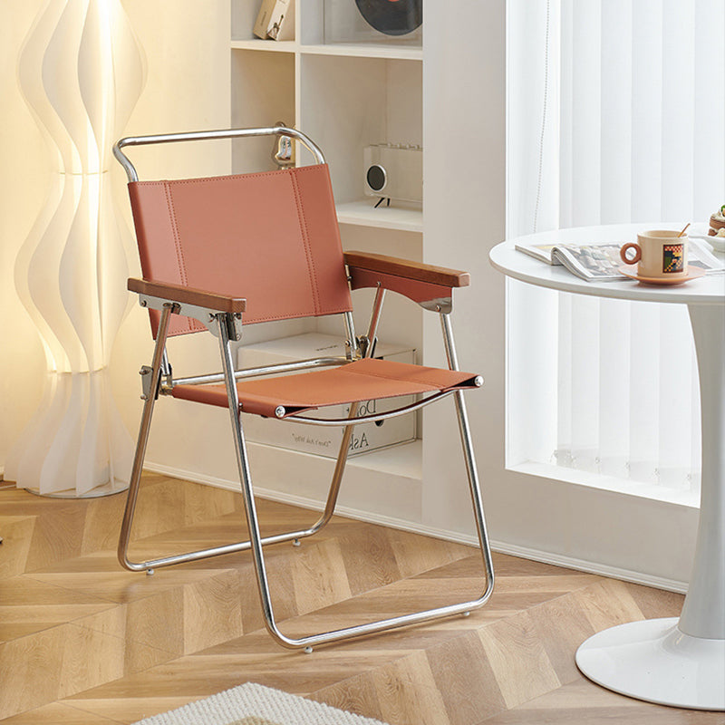 Contemporary Nordic Saddle Faux Leather & Stainless Steel Square Dining Chair With Foldable Design For Bedroom & Living Room