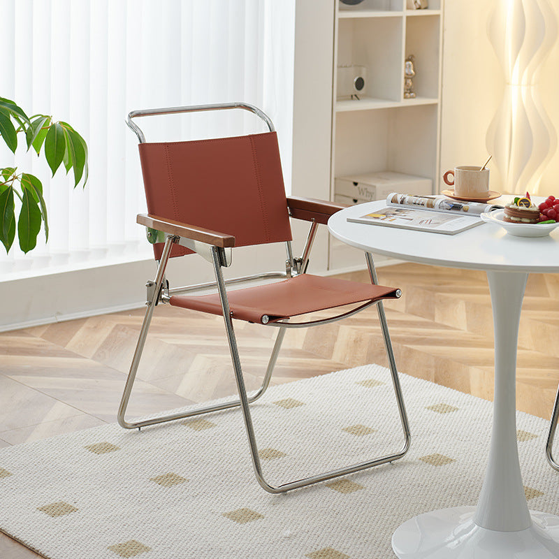 Contemporary Nordic Saddle Faux Leather & Stainless Steel Square Dining Chair With Foldable Design For Bedroom & Living Room