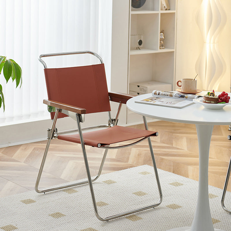 Contemporary Nordic Saddle Faux Leather & Stainless Steel Square Dining Chair With Foldable Design For Bedroom & Living Room