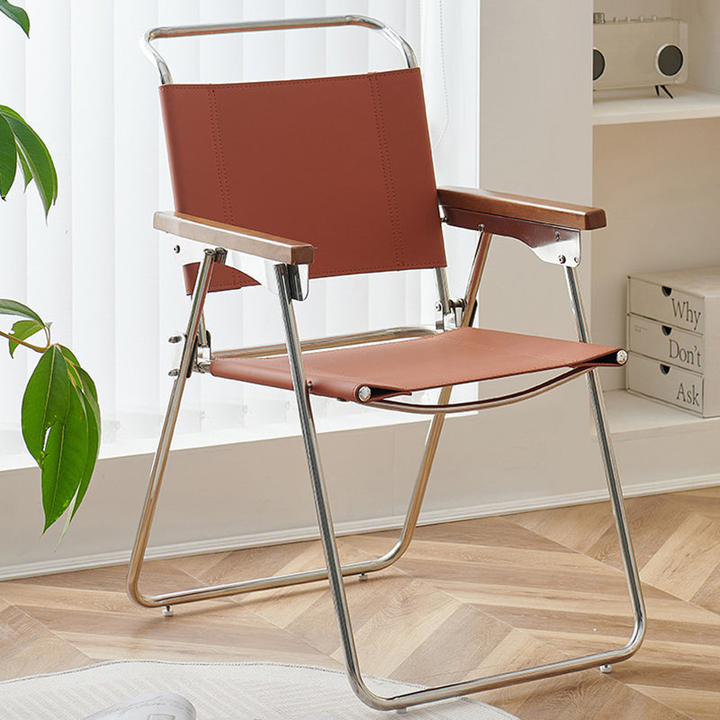 Contemporary Nordic Saddle Faux Leather & Stainless Steel Square Dining Chair With Foldable Design For Bedroom & Living Room