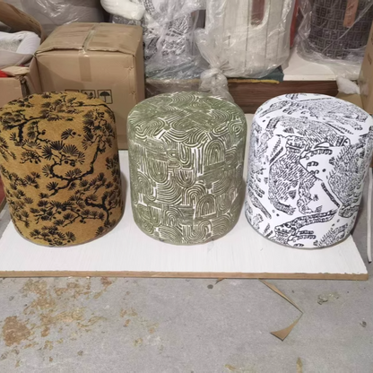 Contemporary Creative Fabric & Wood Cylindrical Low Stool For Bedroom & Living Room