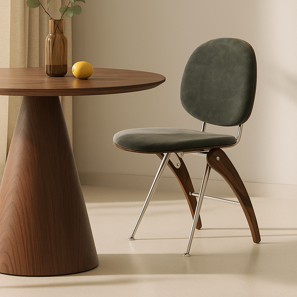 Modern Mid-Century Faux Leather, Wood & Stainless Steel Round Dining Chair For Bedroom, Living Room & Dining Room