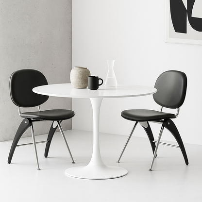 Modern Mid-Century Faux Leather, Wood & Stainless Steel Round Dining Chair For Bedroom, Living Room & Dining Room