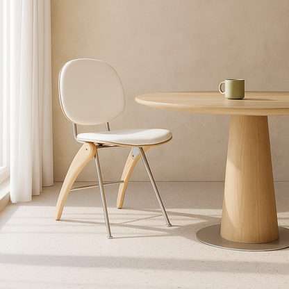 Modern Mid-Century Faux Leather, Wood & Stainless Steel Round Dining Chair For Bedroom, Living Room & Dining Room