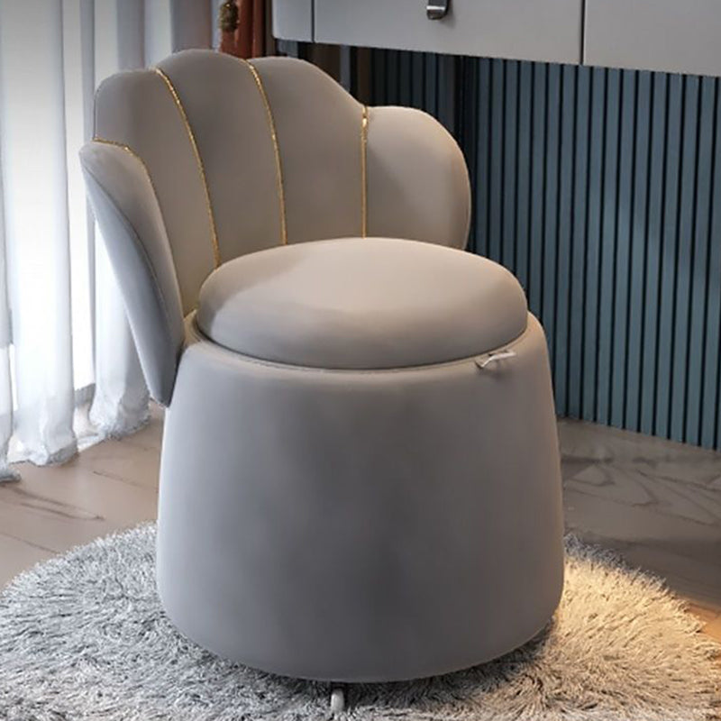 Contemporary Nordic Velvet & Wood Petal-Shaped Round Vanity Stool With 1-Storage For Bedroom & Living Room