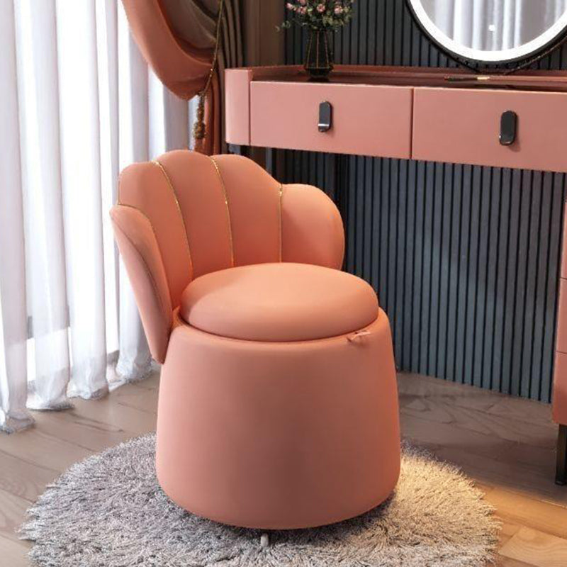 Contemporary Nordic Velvet & Wood Petal-Shaped Round Vanity Stool With 1-Storage For Bedroom & Living Room