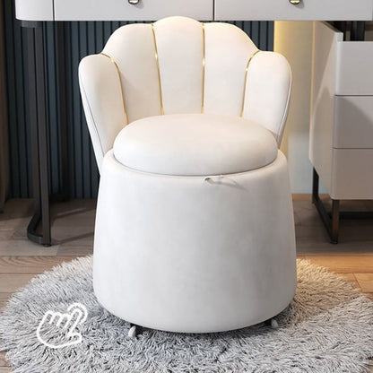 Contemporary Nordic Velvet & Wood Petal-Shaped Round Vanity Stool With 1-Storage For Bedroom & Living Room