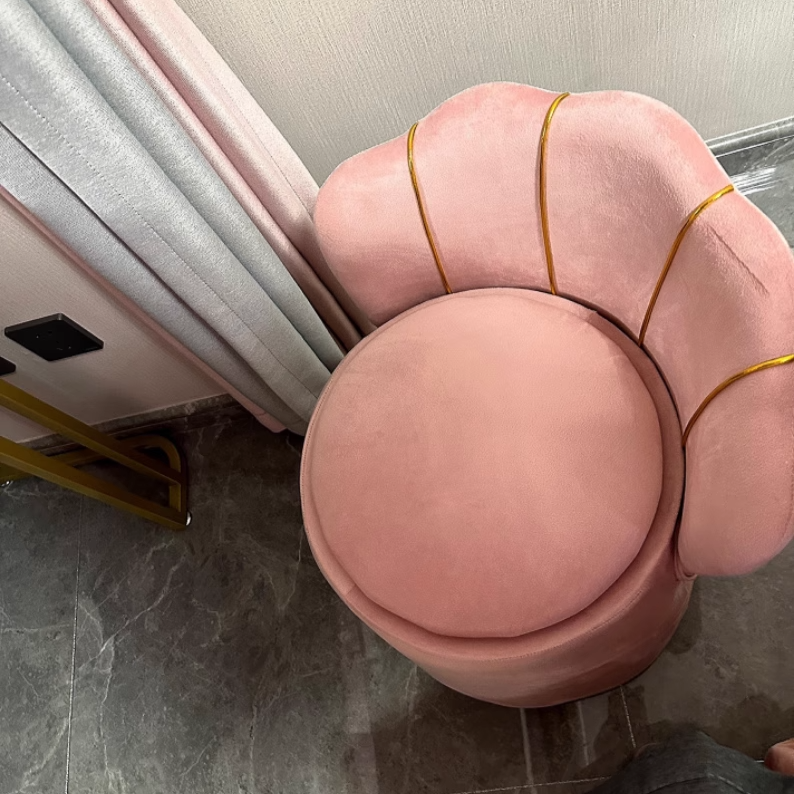 Contemporary Nordic Velvet & Wood Petal-Shaped Round Vanity Stool With 1-Storage For Bedroom & Living Room