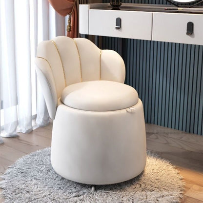 Contemporary Nordic Velvet & Wood Petal-Shaped Round Vanity Stool With 1-Storage For Bedroom & Living Room